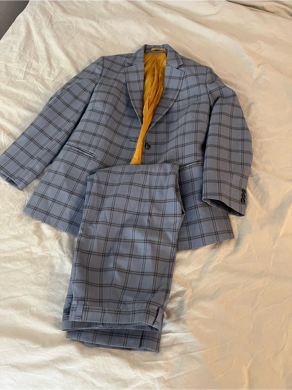 Light Blue Plaid Womens Suit Jacket & Pants with Mustard Lining Blazer